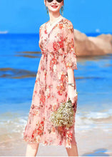 Load image into Gallery viewer, Fashion Pink V Neck Print Drawstring Chiffon Party Dress Flare Sleeve