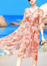 Load image into Gallery viewer, Fashion Pink V Neck Print Drawstring Chiffon Party Dress Flare Sleeve