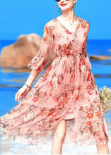 Load image into Gallery viewer, Fashion Pink V Neck Print Drawstring Chiffon Party Dress Flare Sleeve