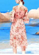 Load image into Gallery viewer, Fashion Pink V Neck Print Drawstring Chiffon Party Dress Flare Sleeve