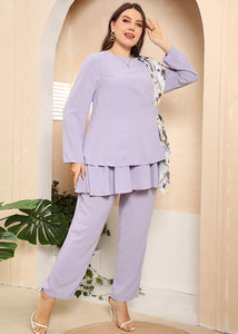 Fashion Purple Asymmetrical Design Print Patchwork Chiffon Two Piece Suit Set Fall