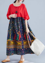 Load image into Gallery viewer, Fashion Red O-Neck Patchwork Print Pockets Summer Maxi Dresses