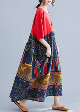 Load image into Gallery viewer, Fashion Red O-Neck Patchwork Print Pockets Summer Maxi Dresses