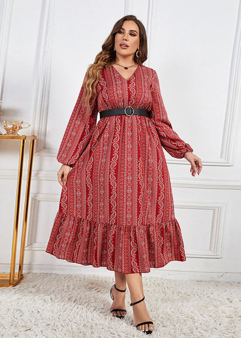 Fashion Red Print Ruffled Tie Waist Patchwork Chiffon Dress Fall