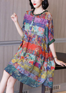 Fashion Ruffled Print Button Side Open Linen Vacation Dresses Half Sleeve