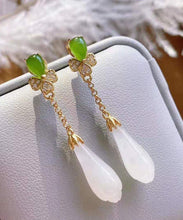 Load image into Gallery viewer, Fashion White Sterling Silver Overgild Jade Magnolia Drop Earrings