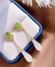 Load image into Gallery viewer, Fashion White Sterling Silver Overgild Jade Magnolia Drop Earrings