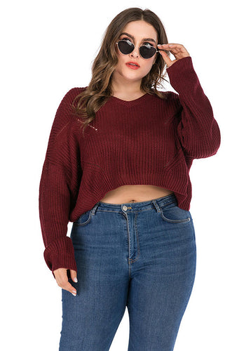 Fashion Wine Red Thick O-Neck Knit Sweater Long Sleeve