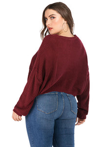 Fashion Wine Red Thick O-Neck Knit Sweater Long Sleeve