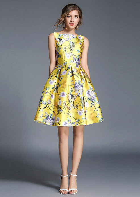 Fashion Yellow Print Wrinkled Patchwork Cotton Mid Dress Sleeveless