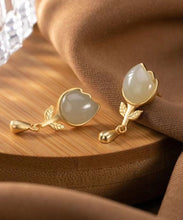 Load image into Gallery viewer, Fashion Yellow Sterlign Silver Inlaid Jade Leaf Drop Earrings