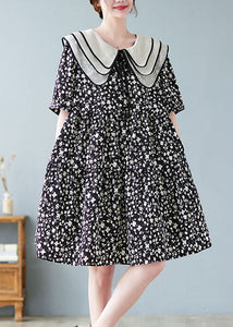 Fine Black Peter Pan Collar Wrinkled Print Patchwork Cotton Mid Dresses Summer