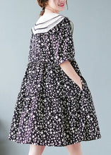 Load image into Gallery viewer, Fine Black Peter Pan Collar Wrinkled Print Patchwork Cotton Mid Dresses Summer