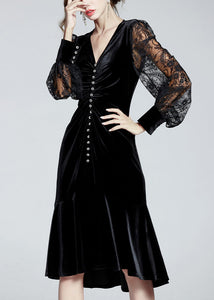 Fine Black V Neck Embroideried Tulle Patchwork Slim Velour Fishtail Dresses Spring