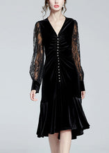 Load image into Gallery viewer, Fine Black V Neck Embroideried Tulle Patchwork Slim Velour Fishtail Dresses Spring