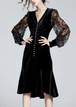 Load image into Gallery viewer, Fine Black V Neck Embroideried Tulle Patchwork Slim Velour Fishtail Dresses Spring