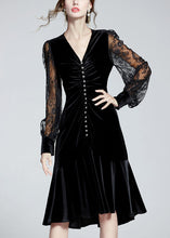 Load image into Gallery viewer, Fine Black V Neck Embroideried Tulle Patchwork Slim Velour Fishtail Dresses Spring