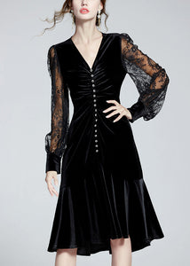 Fine Black V Neck Embroideried Tulle Patchwork Slim Velour Fishtail Dresses Spring