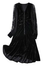 Load image into Gallery viewer, Fine Black V Neck Embroideried Tulle Patchwork Slim Velour Fishtail Dresses Spring