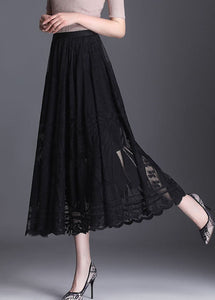 Fine Black Wrinkled Patchwork Hollow Out Lace Skirts Spring