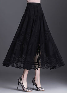 Fine Black Wrinkled Patchwork Hollow Out Lace Skirts Spring