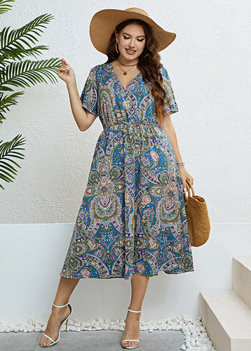 Fine Blue V Neck Print Slim Silk Holiday Maxi Dress Short Sleeve