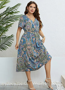 Fine Blue V Neck Print Slim Silk Holiday Maxi Dress Short Sleeve