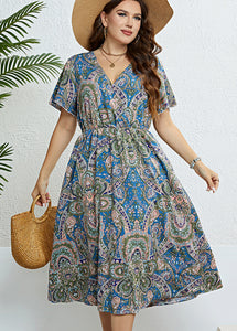 Fine Blue V Neck Print Slim Silk Holiday Maxi Dress Short Sleeve