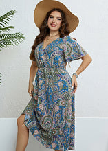 Load image into Gallery viewer, Fine Blue V Neck Print Slim Silk Holiday Maxi Dress Short Sleeve