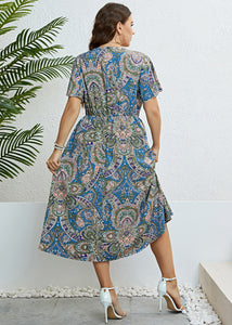 Fine Blue V Neck Print Slim Silk Holiday Maxi Dress Short Sleeve