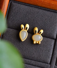 Load image into Gallery viewer, Fine Green Strerling Silver Overgild Jade Little Rabbit And Carrot Stud Earrings