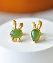 Load image into Gallery viewer, Fine Green Strerling Silver Overgild Jade Little Rabbit And Carrot Stud Earrings