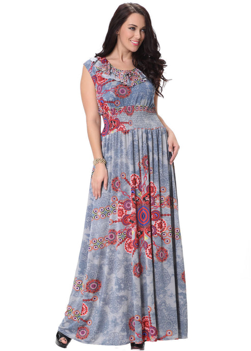 Fine O-Neck Print Elastic Waist Ice Size Long Dress Summer