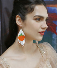 Load image into Gallery viewer, Fine Orange Hand Knitting Rice Ball Tassel Drop Earrings