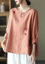 Load image into Gallery viewer, Fine Pink Oriental Retro O-Neck Fall Linen Long Sleeve Blouse Tops