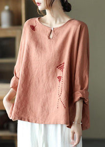 Fine Pink Oriental Retro O-Neck Fall Linen Long Sleeve Blouse Tops