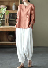 Load image into Gallery viewer, Fine Pink Oriental Retro O-Neck Fall Linen Long Sleeve Blouse Tops