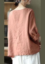 Load image into Gallery viewer, Fine Pink Oriental Retro O-Neck Fall Linen Long Sleeve Blouse Tops