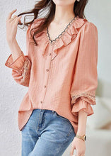 Load image into Gallery viewer, Fine Pink V Neck Ruffled Hollow Out Lace Patchwork Cotton Shirt Spring