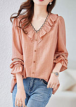 Load image into Gallery viewer, Fine Pink V Neck Ruffled Hollow Out Lace Patchwork Cotton Shirt Spring