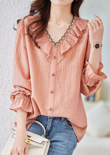 Load image into Gallery viewer, Fine Pink V Neck Ruffled Hollow Out Lace Patchwork Cotton Shirt Spring