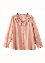 Load image into Gallery viewer, Fine Pink V Neck Ruffled Hollow Out Lace Patchwork Cotton Shirt Spring