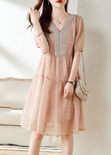 Load image into Gallery viewer, Fine Pink V Neck Wrinkled Nail Bead Patchwork Chiffon Mid Dress Summer