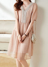 Load image into Gallery viewer, Fine Pink V Neck Wrinkled Nail Bead Patchwork Chiffon Mid Dress Summer