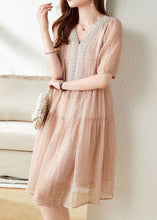 Load image into Gallery viewer, Fine Pink V Neck Wrinkled Nail Bead Patchwork Chiffon Mid Dress Summer