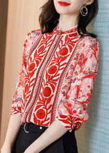 Load image into Gallery viewer, Fine Red Stand Collar Print Patchwork Silk Shirt Top Spring