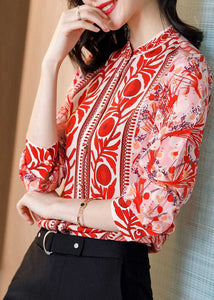 Fine Red Stand Collar Print Patchwork Silk Shirt Top Spring