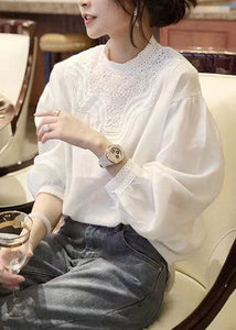 Fine White Stand Collar Patchwork Lace Chiffon Shirt Top Puff Sleeve