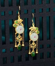 Load image into Gallery viewer, Fine White Sterling Silver Inlaid Gem Stone Jade Tassel Drop Earrings