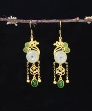 Load image into Gallery viewer, Fine White Sterling Silver Inlaid Gem Stone Jade Tassel Drop Earrings